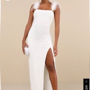 Lulus white maxi dress with feather straps.